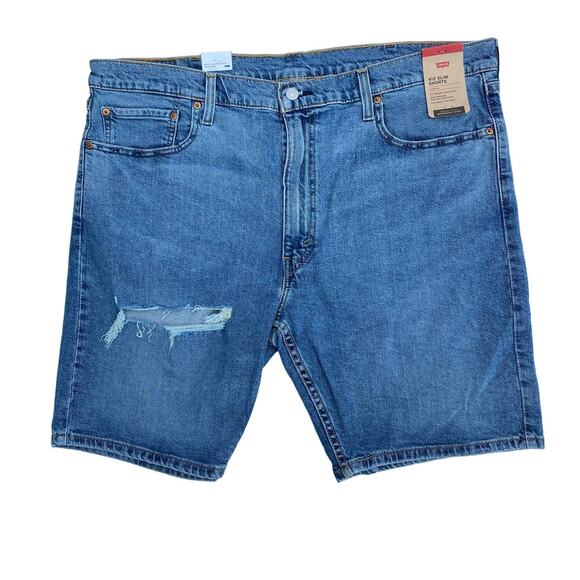 New Levi's 412 Men's Stretch Ripped Medium Wash Bermuda Slim Denim Shorts 40 - Picture 2 of 7